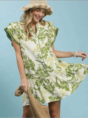 💚 Hello Sunshine! Umgee Toile Print Button-Front Mini Dress Dropped Ruffle Hem